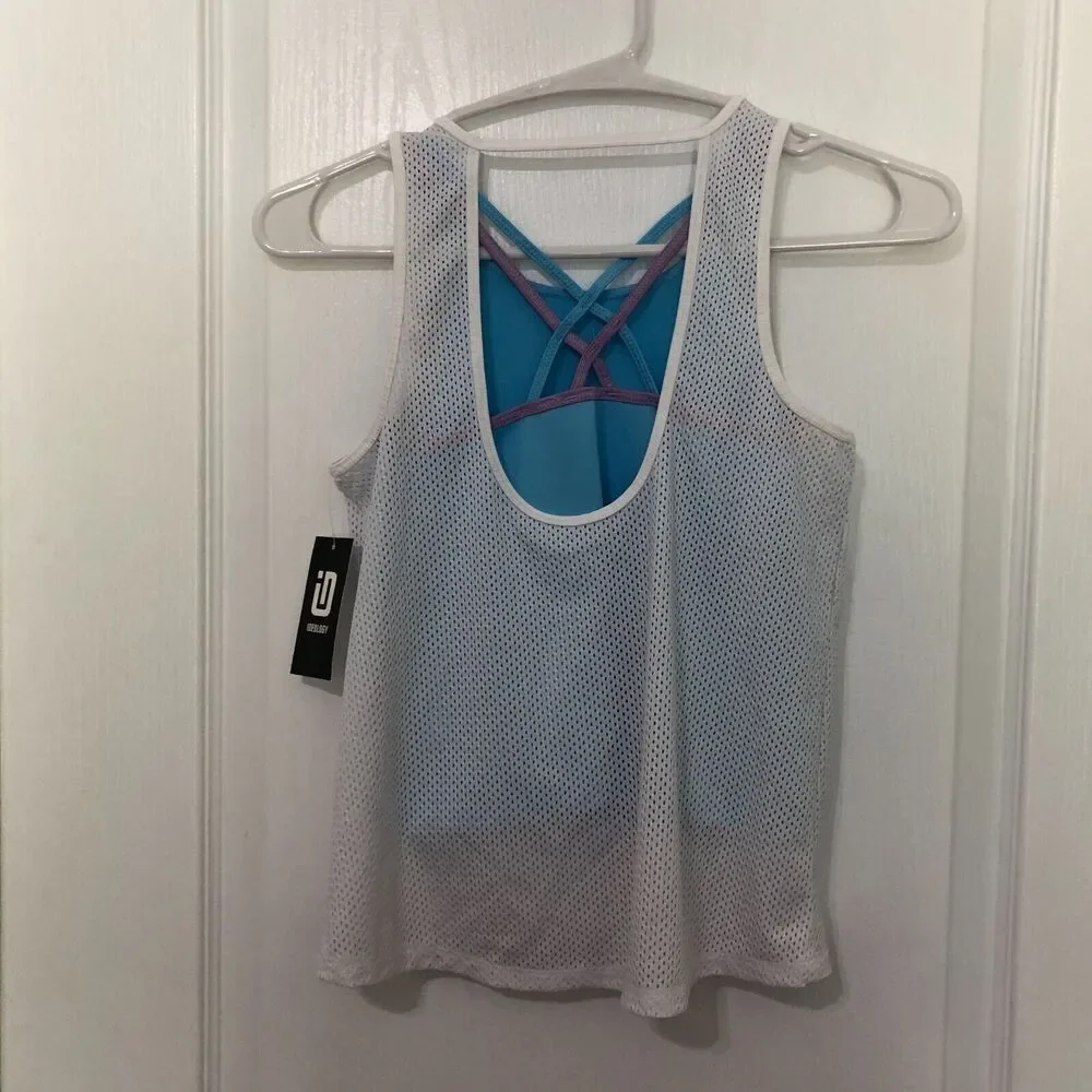 ID Ideology Kids Tank Top Small Bright White Blue Mesh Sleeveless Activewear NWT
